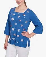 Ruby Rd. Petite Embroidered Scattered Floral Three Quarter Sleeve T-Shirt