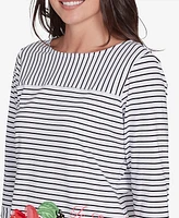 Ruby Rd. Petite Poppy Embroidered Stripe Knit Three Quarter Sleeve T-Shirt