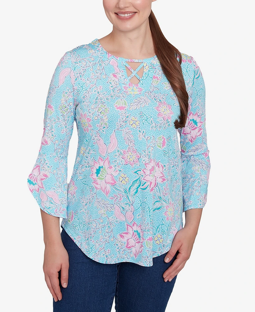 Ruby Rd. Petite Cloisonne Floral Puff Print Three Quarter Sleeve Top