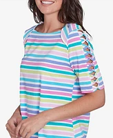 Ruby Rd. Petite Oasis Stripe Ladder Sleeve T-Shirt