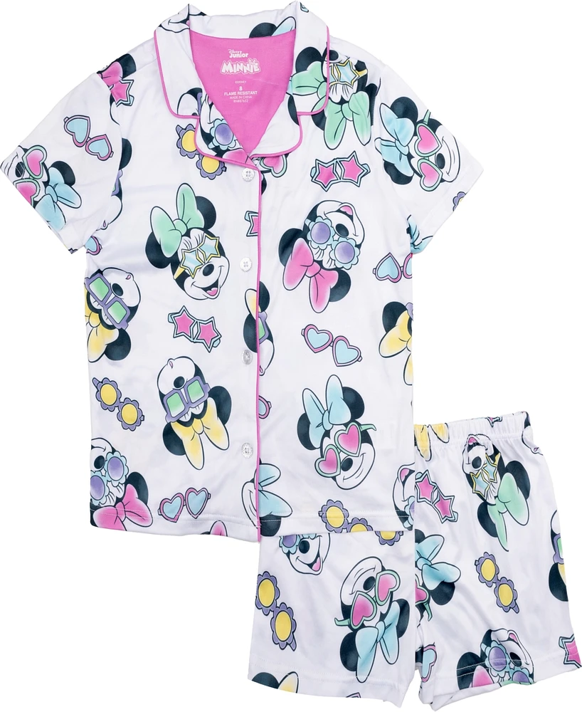 Minnie Mouse Little and Big Girls Short Sleeve Button Down Sleep Shirt Shorts, 2-Piece Pajama Set