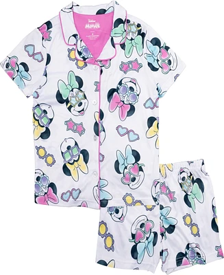 Minnie Mouse Little and Big Girls Short Sleeve Button Down Sleep Shirt Shorts, 2-Piece Pajama Set
