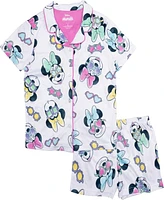 Minnie Mouse Little and Big Girls Short Sleeve Button Down Sleep Shirt Shorts, 2-Piece Pajama Set