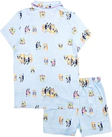 Bluey Little and Big Girls Short Sleeve Button Down Sleep Shirt Shorts, 2-Piece Pajama Set