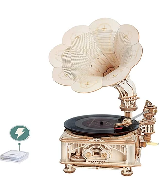 Robotime 3D Wooden Puzzle Automatic Gramophone Model Kits Electric Mode Self-Assembly Record Player, Beige, 8.89"10.20"16.88"