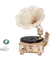 Robotime 3D Wooden Puzzle Automatic Gramophone Model Kits Electric Mode Self-Assembly Record Player, Beige, 8.89"10.20"16.88"