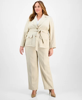 Le Suit Plus Two-Button Belted Safari Jacket & Mid-Rise Straight-Leg Pants