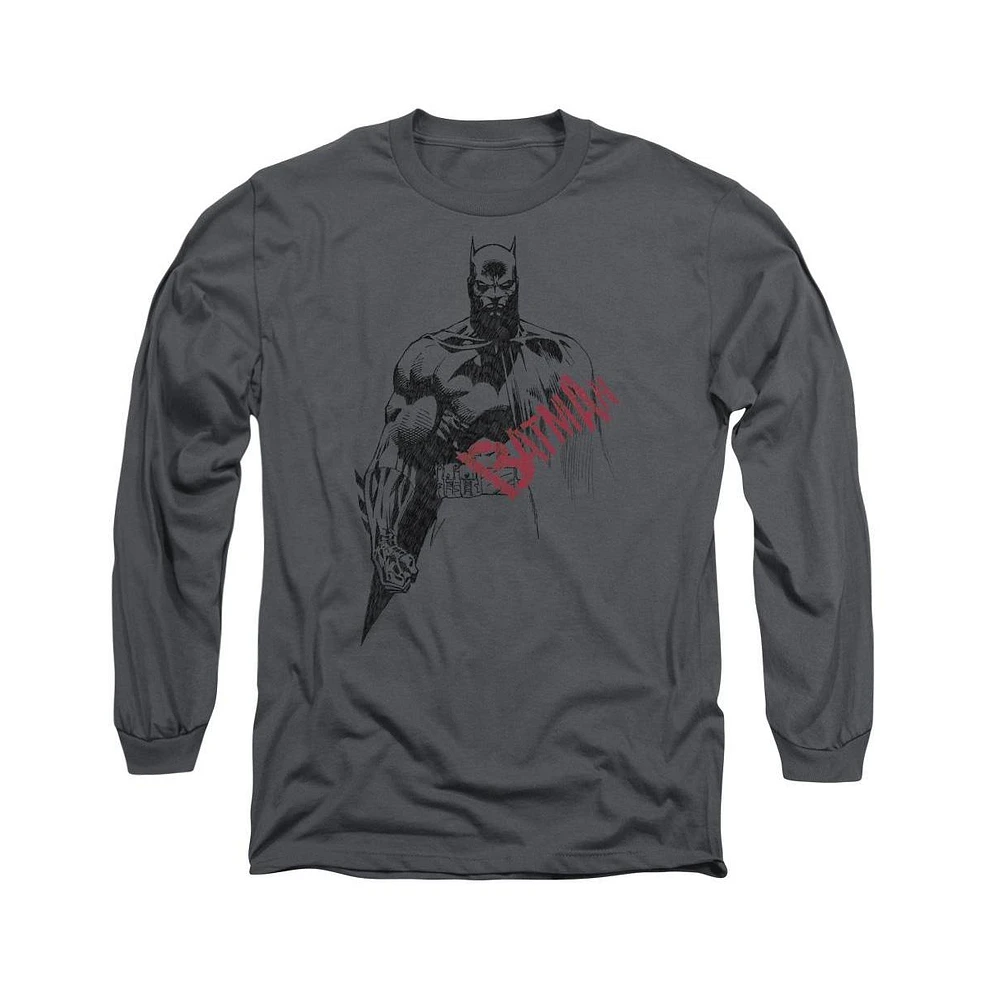 Batman Men's Sketch Bat Red Logo Long Sleeve Adult Tee / T-Shirt