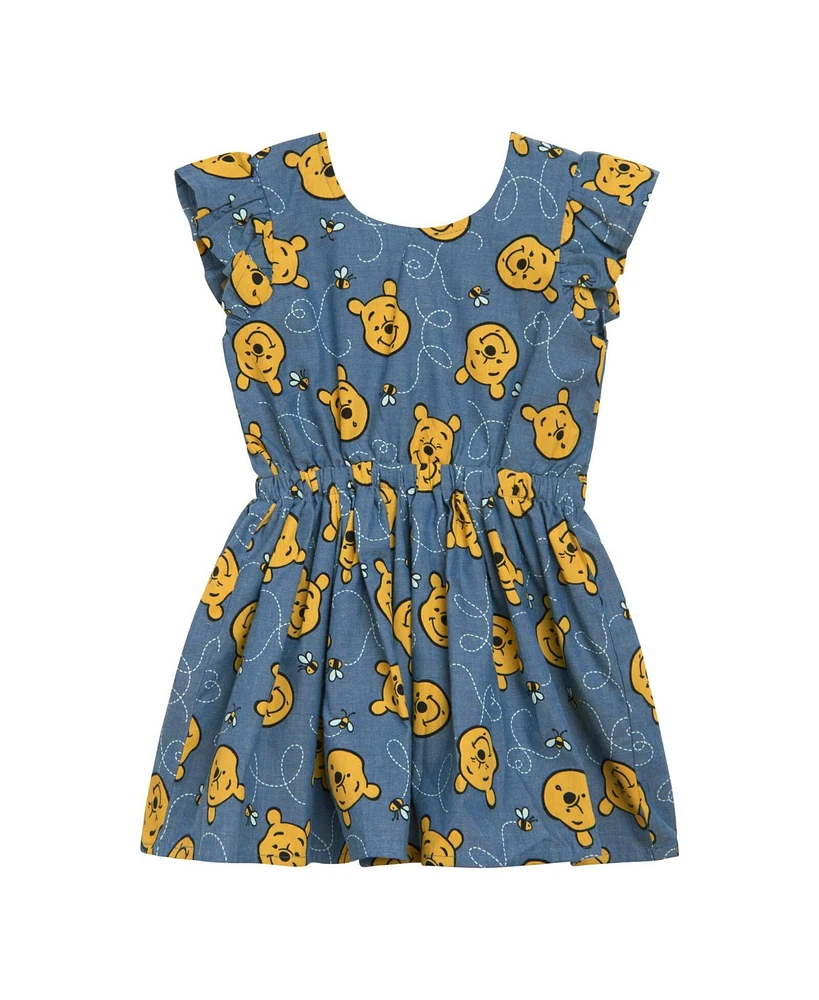 Winnie the Pooh Little Girls Disney Minnie Mouse Mickey Daisy Lilo & Stitch Princess Belle Ariel Chambray Skater Dress to