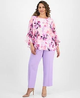 Kasper Plus Size Printed Bell Sleeve Blouse Straight Leg Pants