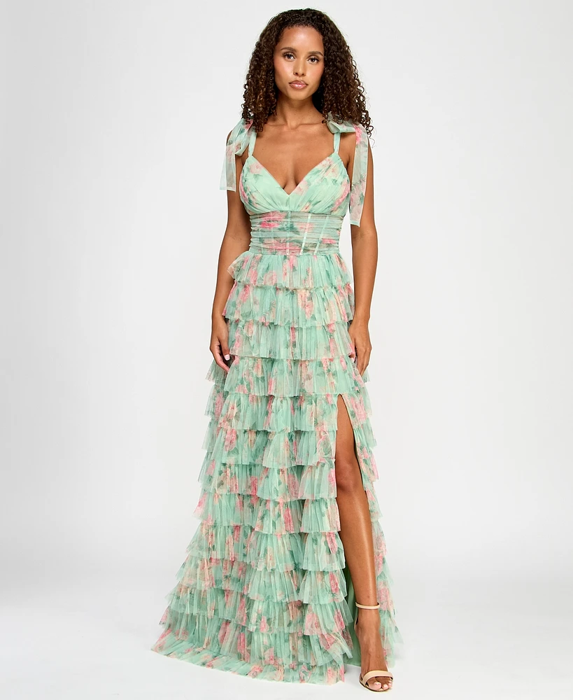 B Darlin Juniors' Floral Ruffle-Tiered Tie-Shoulder Gown