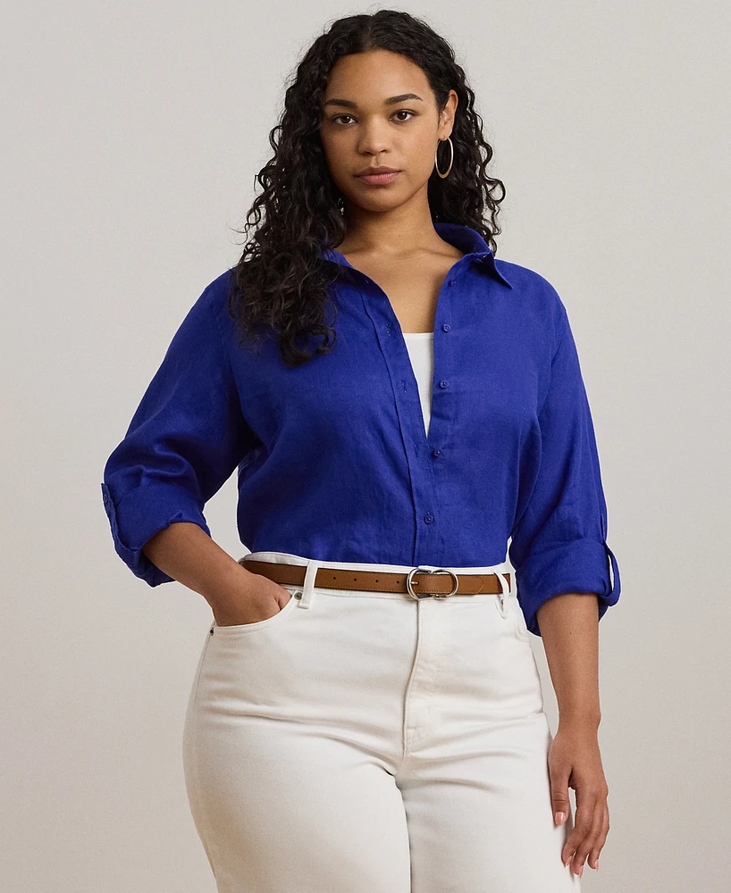 Lauren Ralph Plus 100% Linen Relaxed-Fit Roll Tab–Sleeve Shirt