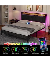 gaomon Bed Frame with Charging Station, Led Bed Frame with Storage Headboard