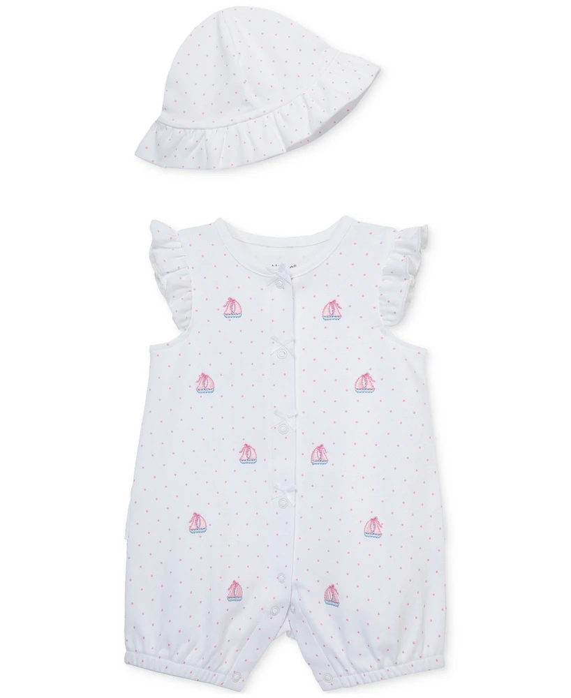 Little Me Baby Girls Sailboats Cotton Romper & Hat, 2 Piece Set