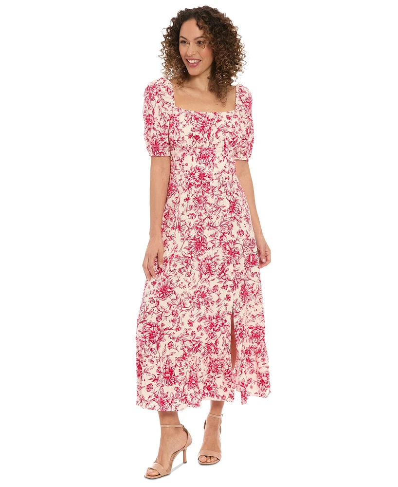 London Times Petite Floral-Print Puff-Sleeve Maxi Dress