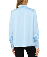 CeCe Women's Luxe Satin Imitation Pearl Button Down Blouse