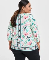 Jm Collection Plus Jacquard Floral-Print 3/4-Sleeve Top, Exclusively at Macy's