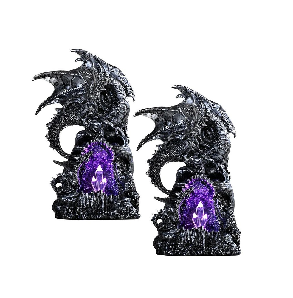 Fc Design "2-pc Set" 11"H Medieval Silver Dragon Guarding Purple Led Faux Crystal Cave Figurine Statue Ornament Home Room Office Decor and Perfect Ide