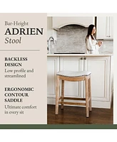 Maven Lane Adrien Saddle Bar Stool in Weathered Oak Finish w/ Sand Color Fabric Upholstery, Set of 4