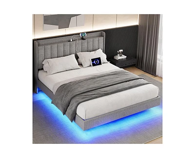 gaomon Queen Size Floating Bed Frame with Led Lights, Upholstered Platform Queen Bed Frame with Charging Station & Storage Headboard