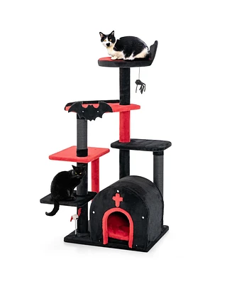 Gymax 6-Tier Gothic Cat Tree 53'' Tall Cat Tower w/ Cat Bed Arch-Shaped Condo Pompom