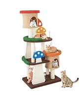 Gymax Wooden Cat Tree w/ Sisal Scratch Board & Post Padded Perch Hanging Toys Modern