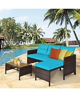 Gymax 3PCS Outdoor Rattan Furniture Set Patio Couch Sofa Set w/ Turquoise Cushion