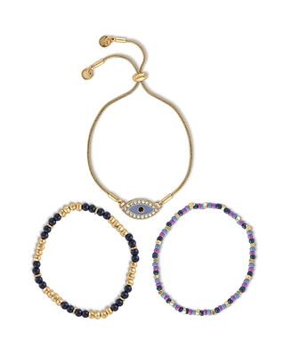 Jessica Simpson Multi-Color Beaded Bracelet Set with Evil Eye Charm - Boho Chic Stackable Bracelets