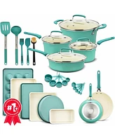 Bakken- Swiss Cookware Set – 23 Piece –Aqua Multi-Sized Cooking Pots with Lids, Skillet Fry Pans and Bakeware – Reinforced Presse