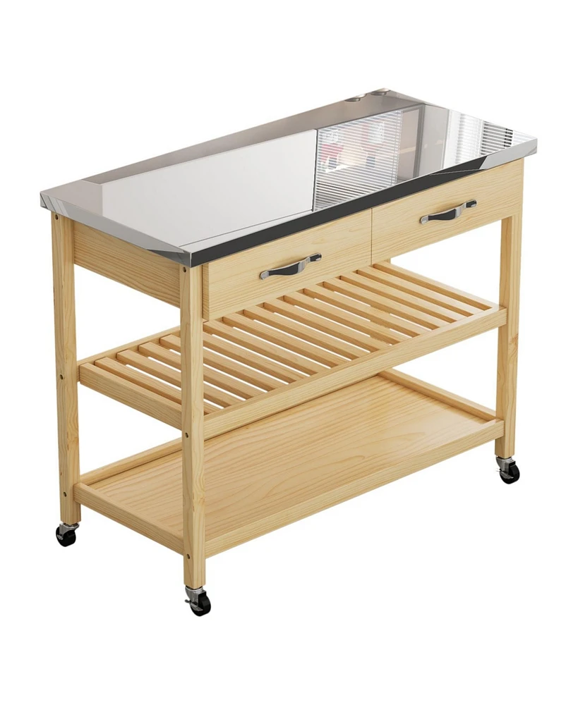 Boyel Living Stainless Steel Countertop Solid Wood Kitchen Cart with Storage Drawers and Shelves, Rotatable Kitchen Island with Steel Table Top and To