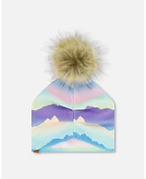 Deux par Deux Baby Girls Printed Jersey Detachable Pompom Hat Mauve And Blue, Pink Mountain