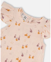 Deux par Baby Girls Printed Muslin One Piece Romper Peach With Pears