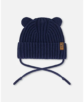 Deux par Baby Unisex Knit Hat With Strings Navy Blue