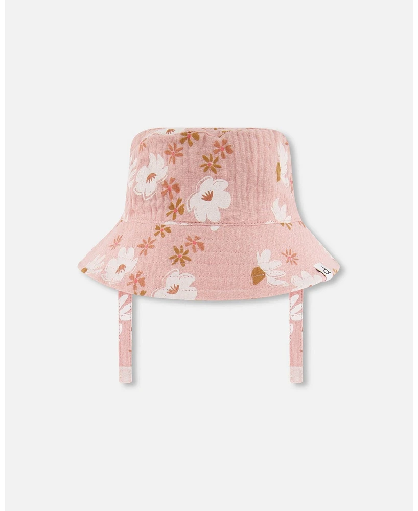 Deux par Deux Baby Girls Printed Muslin Bucket Hat Pink And White Flowers