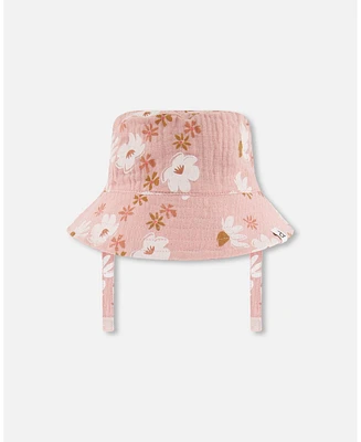 Deux par Baby Girls Printed Muslin Bucket Hat Pink And White Flowers