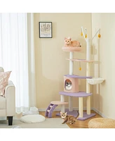 Gymax 62'' Cute Purple Cat Tree Tower w/ Ladder Sisal Covered Scratching Posts Indoor
