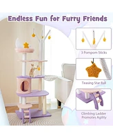 Gymax 62'' Cute Purple Cat Tree Tower w/ Ladder Sisal Covered Scratching Posts Indoor