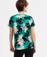 Jm Collection Women's Printed Embellished-Neck T-Shirt, Exclusively at Macy's