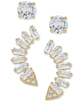 Macy's 2-Pc. Set Lab Grown White Sapphire (3/4 ct. t.w.) Round Stud & Climber Earrings in 14k Gold Over Sterling Silver