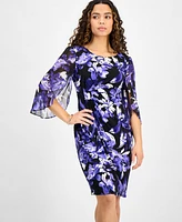 Connected Petite Floral-Print Cape-Sleeve Faux-Wrap Dress