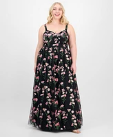 City Studios Trendy Plus Embroidered Tulle Sleeveless Gown, Created for Macy's