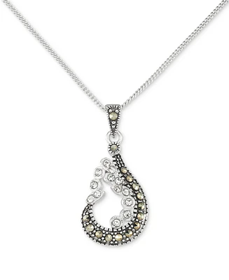 Marcasite & Crystal Swoop Design 18" Pendant Necklace in Sterling Silver