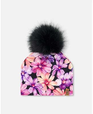 Deux par Deux Baby Girls Printed Jersey Detachable Pompom Hat Black With Pink And Orange Flowers