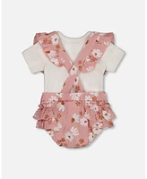 Deux par Baby Girls Printed Muslin Short And Organic Cotton Bodysuit Set Pink White Flowers