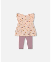 Deux par Baby Girls Printed Muslin Tunic And Organic Cotton Legging Set Peach With Pears Purple