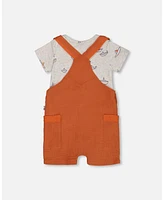 Deux par Baby Boys Printed Organic Cotton Onesie And Muslin Shortall Set Terracotta Small Boats