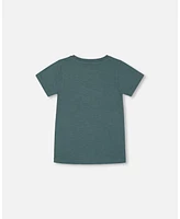 Deux par Baby Boys Short Sleeve Organic Cotton Graphic Tee Teal And Dark Old Rose