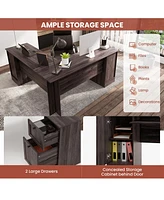 Gouun L-Shaped Office Desk with Storage Drawers and Keyboard Tray
