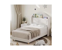 gaomon Upholstered Twin Bed Frame with Led Lights, Velvet Platform Bed Frame with Wing Back Storage Headboard, Wood Slats Support
