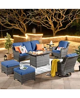 Xizzi Outdoor Swivel Rocking Chairs Set, Patio Furniture Set with 50,000 Btu Rectangular Propane Fire Pit Table, 7 Pieces High Back Conversation Sofa